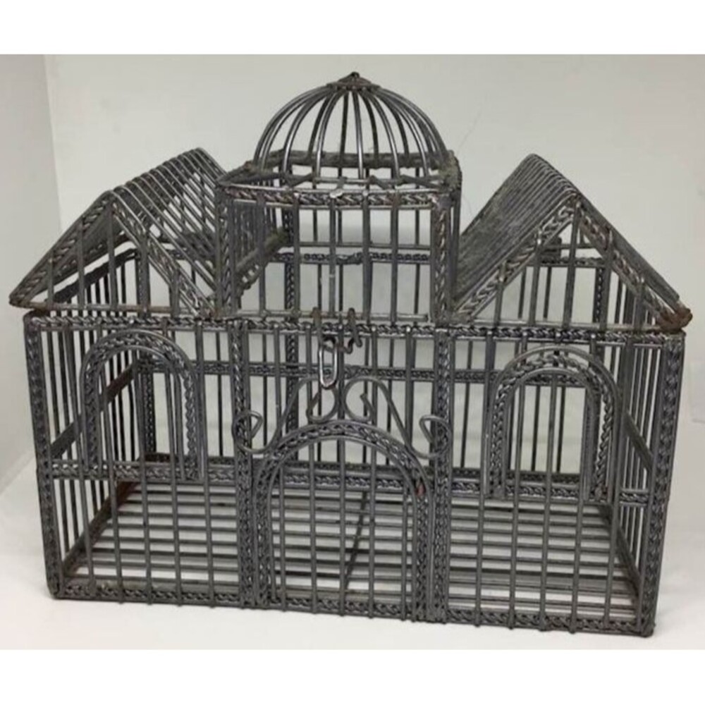 Ornate Gray Decorative Metal Birdcage Centerpiece